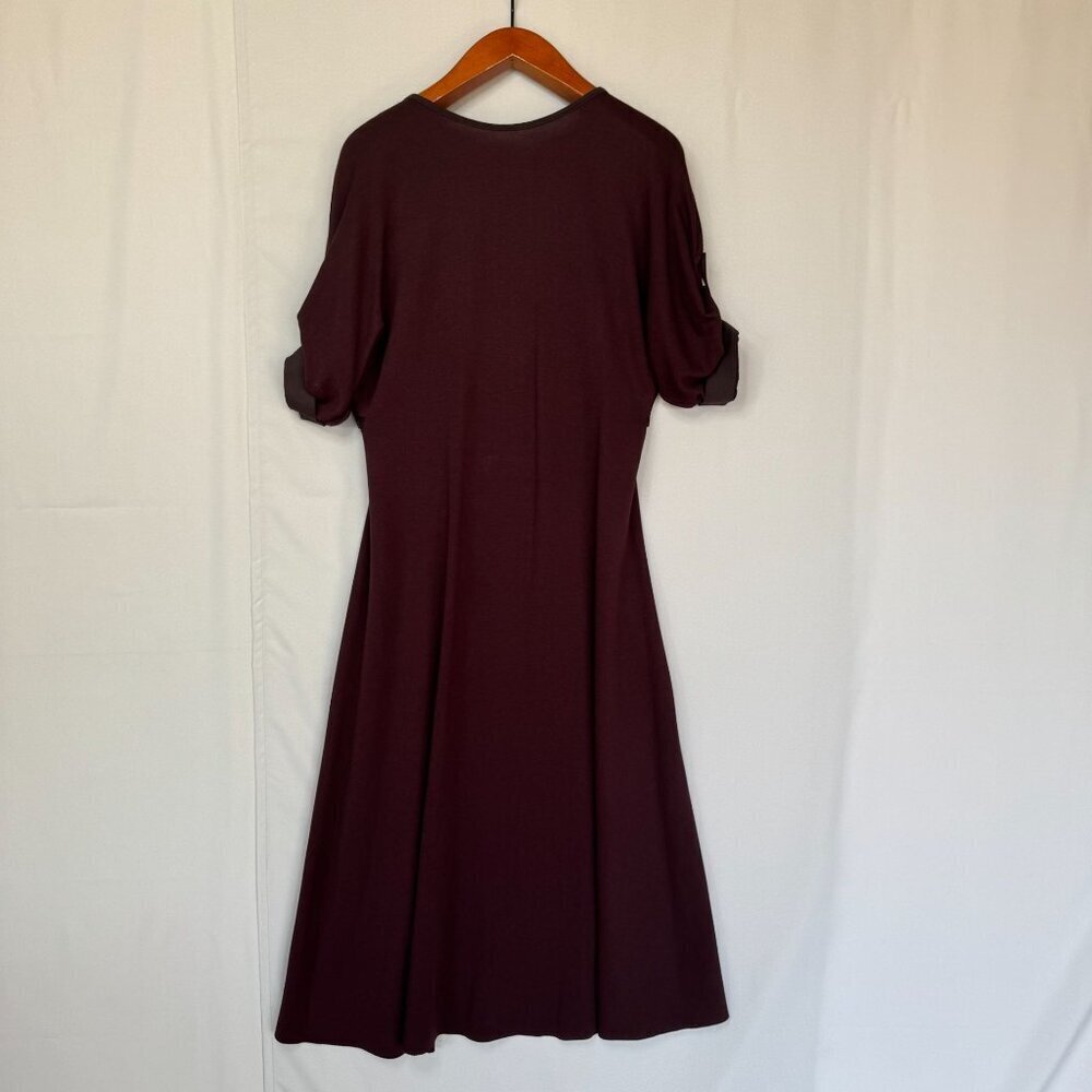 COS Chocolate Brown Ponte Knit Gathered Sleeve Open Back Midi Dress Size Large - Picture 7 of 14